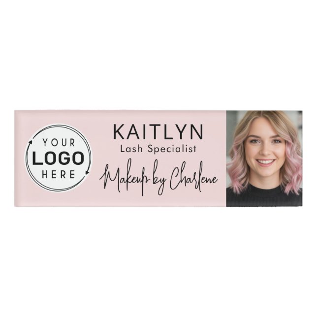 Etiqueta De Nombre Blush Pink Script Logo Photo Makeup (Anverso)