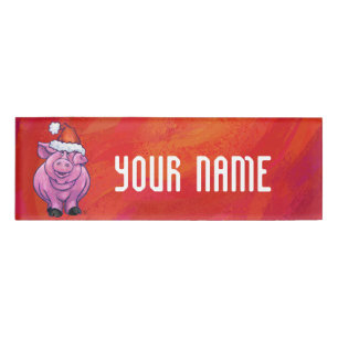 Etiqueta De Nombre Cerdo en Santa Hat en rojo