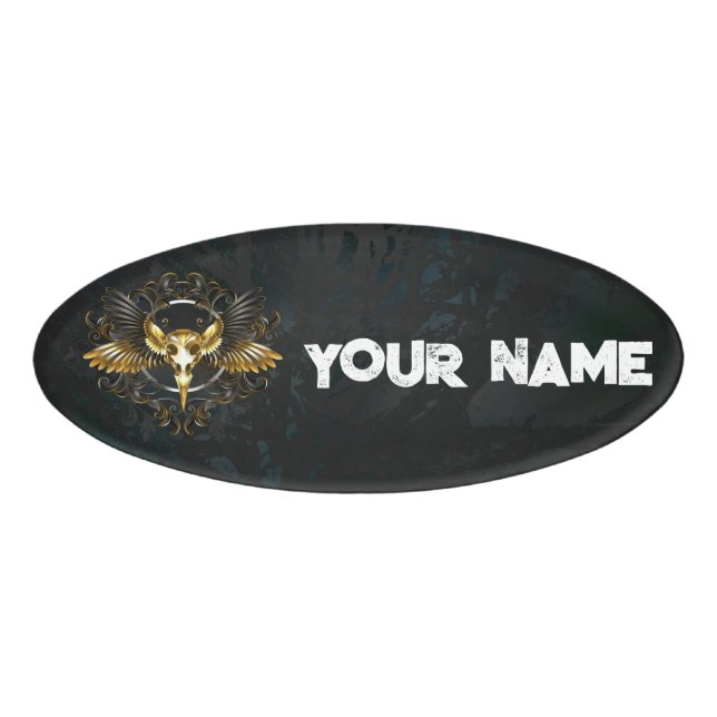 Etiqueta De Nombre Cráneo de pájaro dorado sobre fondo negro (Anverso)