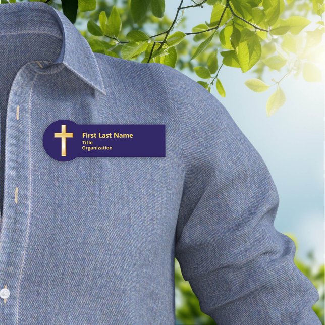 Etiqueta de nombre cristiano cruzada de oro (Gold Cross Christian Name Tag. Personalize with text, perfect for events, meetings & presentations.)