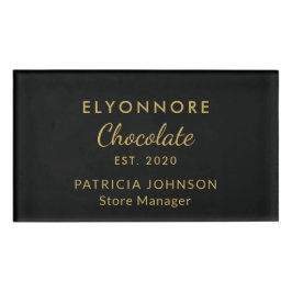 Etiqueta De Nombre Custom Gold Script Minimal Chocolate Brand Staff