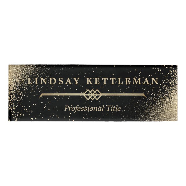 Etiqueta de nombre de Purpurina negro y dorado (Anverso)