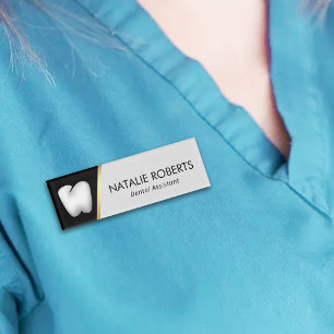 Etiqueta De Nombre Dentista Moderno White Tooth Gold Dental Assistant