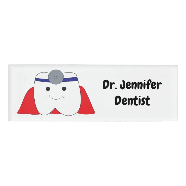 Etiqueta De Nombre Dentista Super Hero Tooth Personaliza (Anverso)
