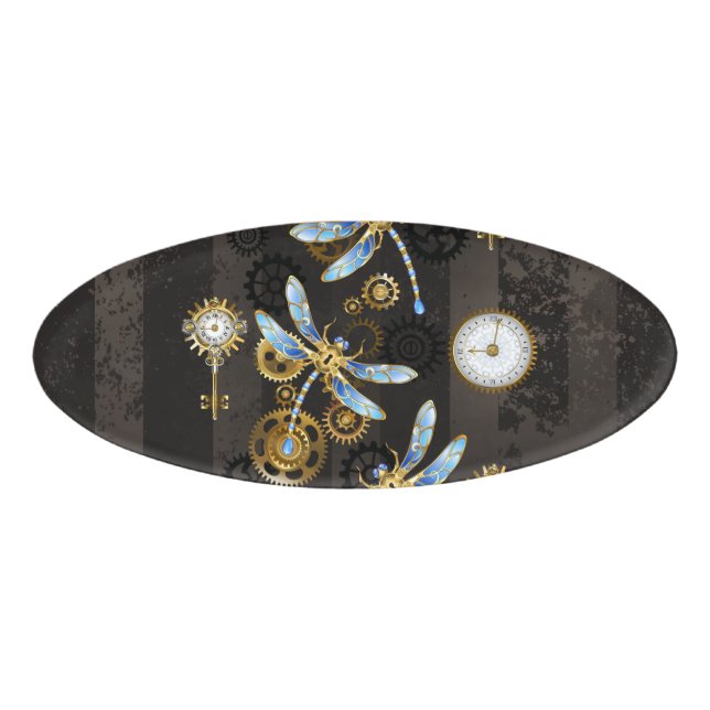 Etiqueta De Nombre Dragoniscos de Steampunk sobre fondo rayado marrón (Anverso)