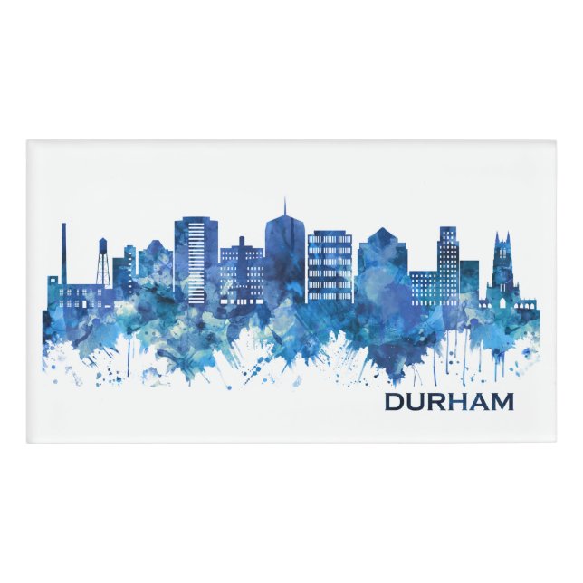 Etiqueta De Nombre Durham North Carolina Skyline Blue (Anverso)