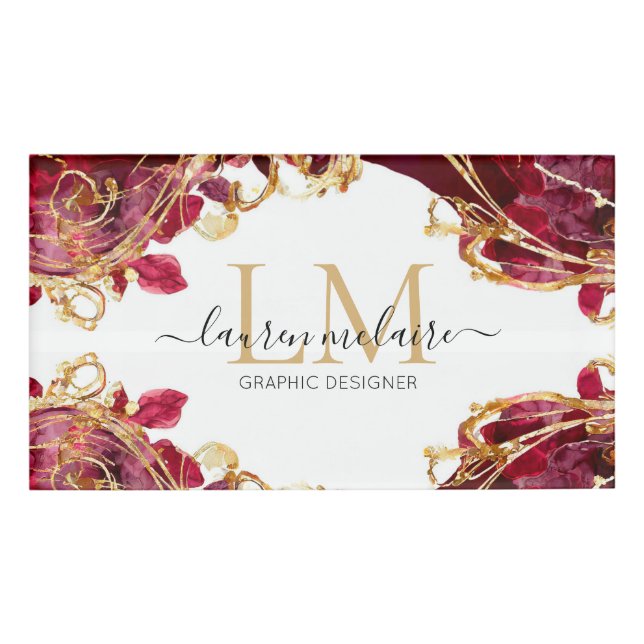 Etiqueta De Nombre Elegant Cherry Red & Gold Monogram Script  (Anverso)