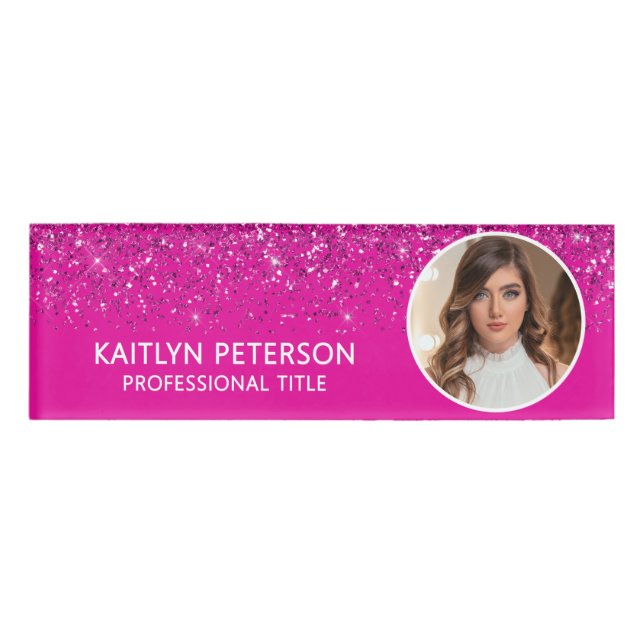Etiqueta De Nombre Elegant Hot Pink Glitter Employee Photo ID (Anverso)