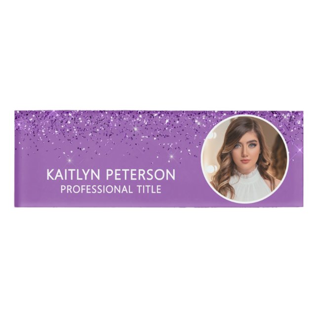 Etiqueta De Nombre Elegant Purple Glitter Employee Photo ID (Anverso)