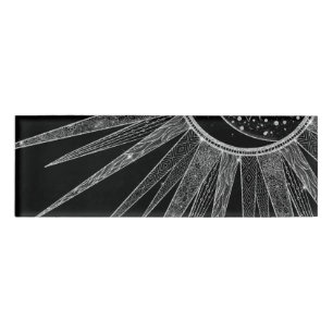 Etiqueta De Nombre Elegante diseño negro de luna de sol plateado Man