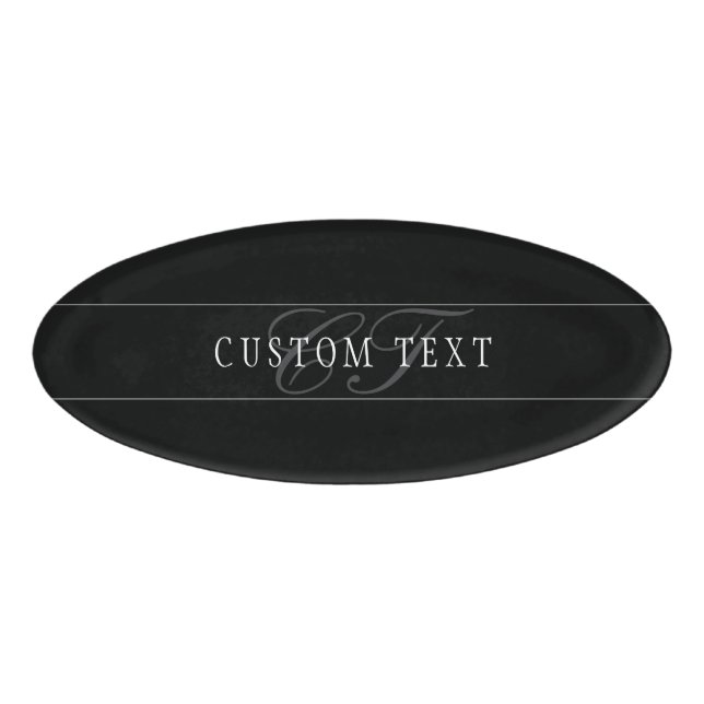 Etiqueta De Nombre Elegante Script Monograma Editable Blanco Gris Neg (Anverso)