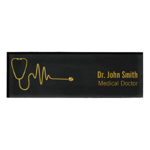 Etiqueta De Nombre Estetoscopio de oro onda ECG línea EKG lujo médico