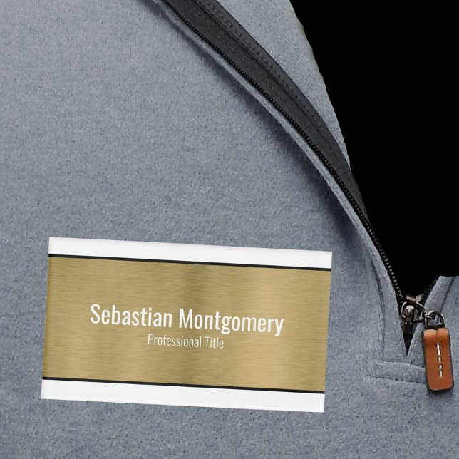 Etiqueta De Nombre Faux Metallic Profesional Brushed Gold Black Text (gold and white trim magnetic back name tag)