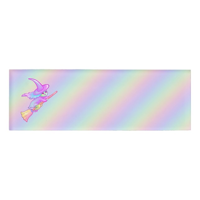 Etiqueta De Nombre Feliz Bruja Volando Sobre El Dibujo De Palos De Al (Anverso)