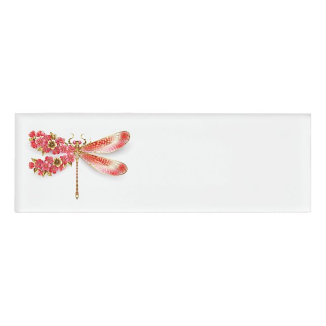 Etiqueta De Nombre Flor libélula con sakura de joyas (Anverso)
