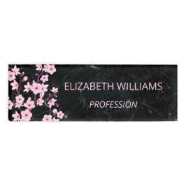 Etiqueta De Nombre Flores de cerezo en flor Marble negro rosado