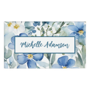 Etiqueta De Nombre Flores Retro Elegante De Color Blanco Azul Llanto
