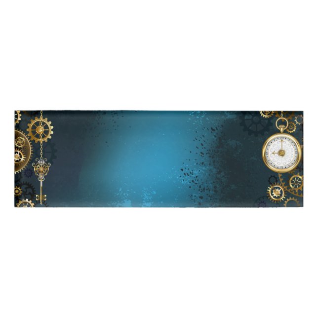 Etiqueta De Nombre Fondo turquesa de vapor con engranajes (Anverso)