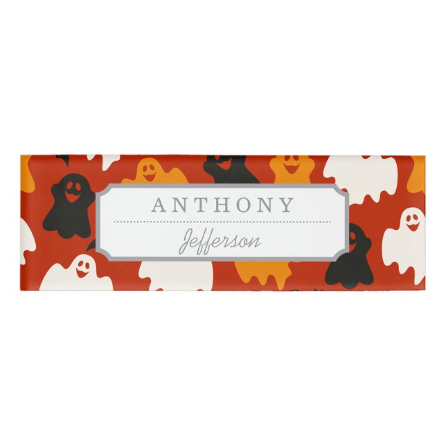 Etiqueta De Nombre Gracioso y espeluznante patrón fantasma de Hallowe (Anverso)