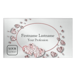 Etiqueta De Nombre Gris rosa Corazones brillantes Geométrico Elegante