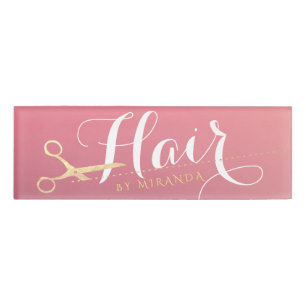 Etiqueta De Nombre Hairstylist Makeup Salon Moderno Tijeras de oro ro