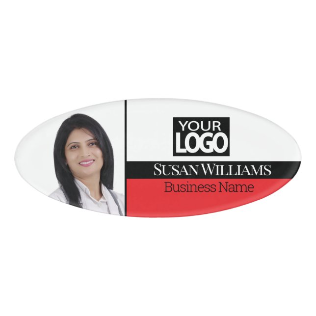 Etiqueta De Nombre ID de fotos en rojo, negro y blanco (Anverso)