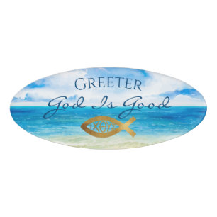 Etiqueta De Nombre Iglesia cristiana Ichthys Ocean Beach Greeter