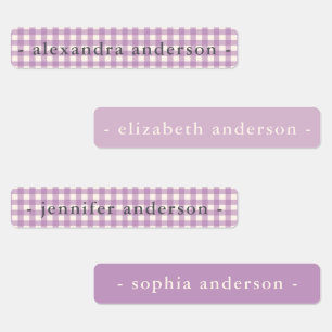 Etiqueta de nombre impermeable de gingham morado s