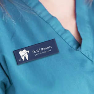 Etiqueta De Nombre Logo Dentista Brillante Navy Dental Azul