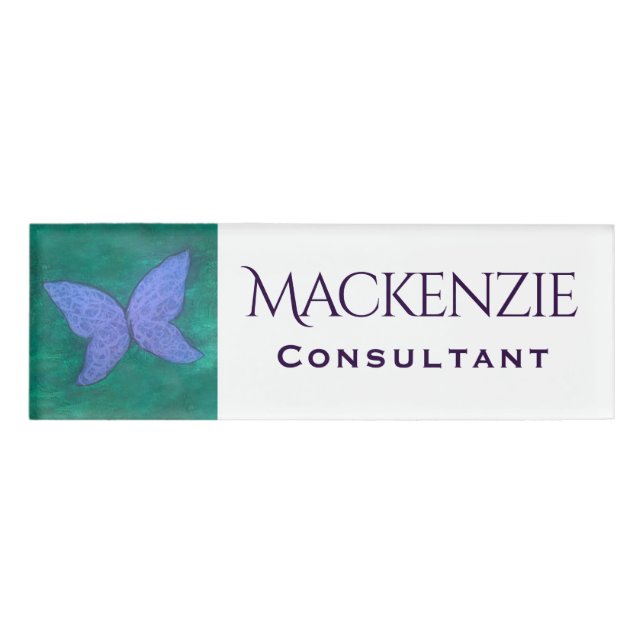 Etiqueta De Nombre Mariposa abstracta | Alas moradas azules modernas (Anverso)