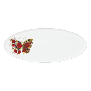 Etiqueta De Nombre Mariposa de flor roja con rosas rojas