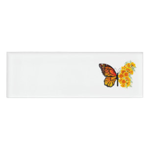Etiqueta De Nombre Mariposa de flores con amapola amarilla de Califor