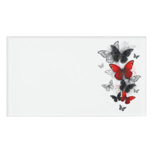 Etiqueta De Nombre Mariposas Morpho voladoras negras y rojas