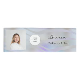 Etiqueta De Nombre Modern Holographic Black Script Logo Photo