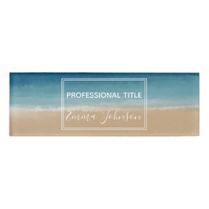 Etiqueta De Nombre Moderna acuarela Gold Blue Beach
