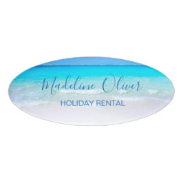 Etiqueta De Nombre Ocean Beach Sea Holiday Rental Blue Moderne Badge