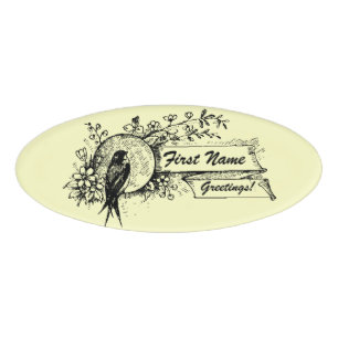 Etiqueta De Nombre Pájaro y diseño floral delicado con las cintas d