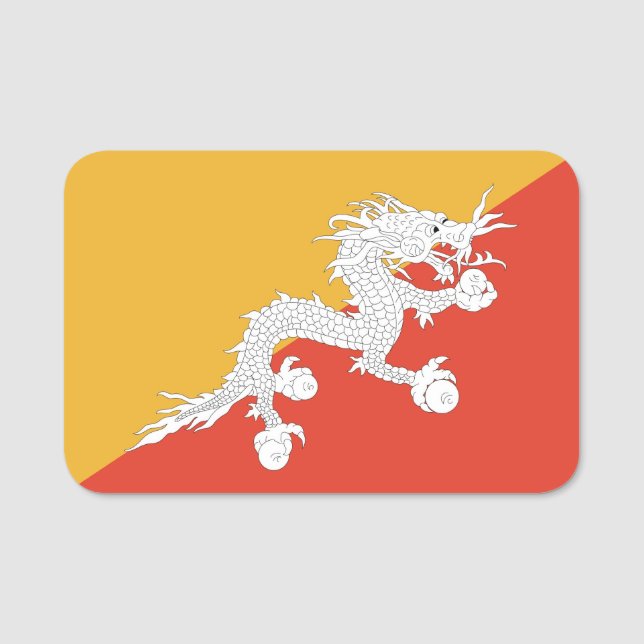 Etiqueta de nombre patriótico con bandera de Bután (Anverso)