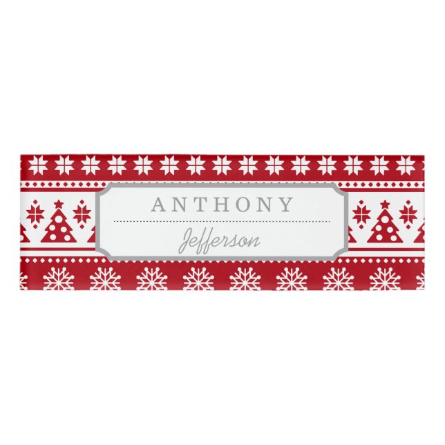 Etiqueta De Nombre Patrón de ciervos y árboles rojos y blancos Navida (Anverso)