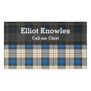 Etiqueta De Nombre Patrón de plaids de Tartán - beige azul tradiciona