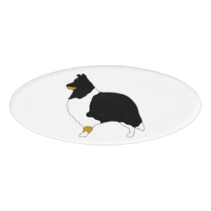 Etiqueta De Nombre perro de oveja de shetland blanco negro y silo de
