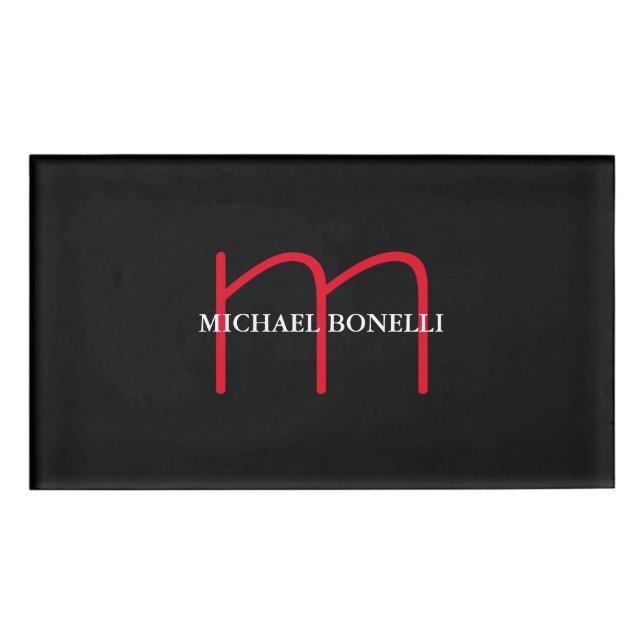 Etiqueta De Nombre Profesional del monograma rojo moderno negro (Anverso)