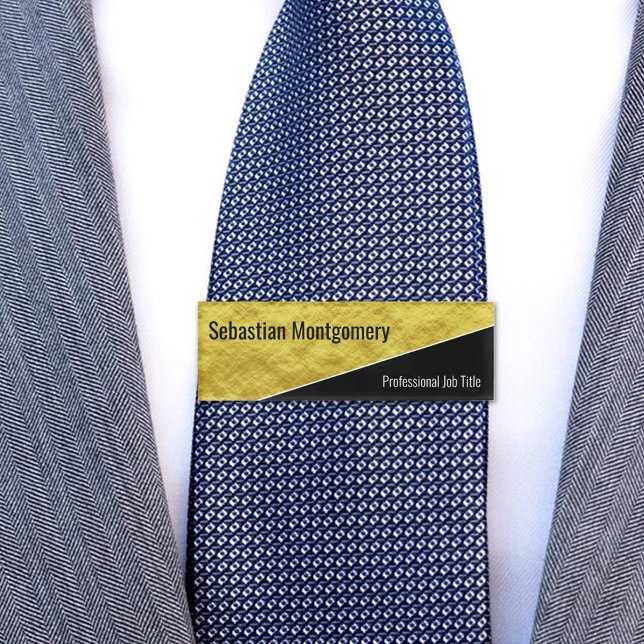Etiqueta de nombre profesional geométrico de Relie (diagonal black and gold name tag)
