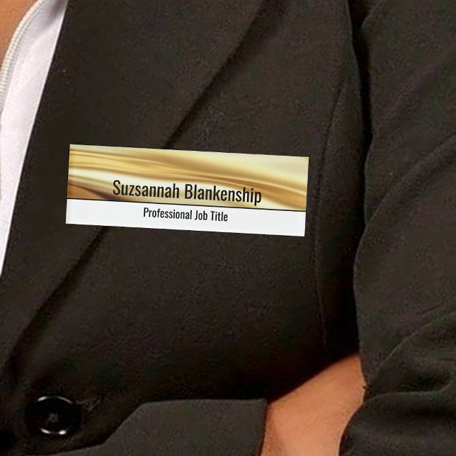 Etiqueta De Nombre Professional White & Luxurious Gold Ribbon Custom (Luxurious gold ribbon top and white bottom professional name tag on jacket)