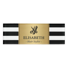 Etiqueta De Nombre Rayas con clase del blanco del negro del oro del