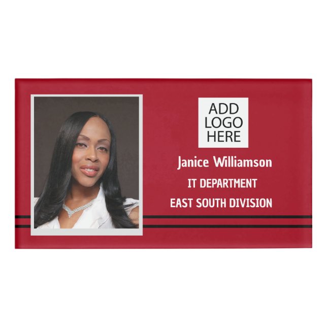 Etiqueta De Nombre Rojo con nombre y foto de franjas negras (Anverso)