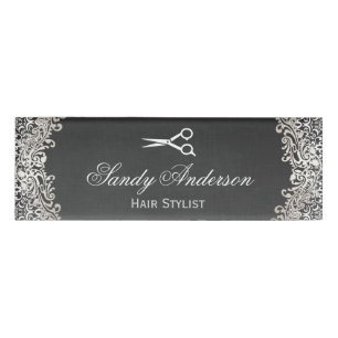 Etiqueta De Nombre Salón de plata elegante del estilista del damasco