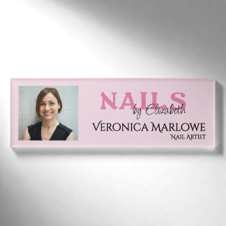 Etiqueta De Nombre Salón de Uñas Foto Tipografía Rosa Rubor Negro