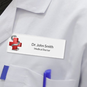 Etiqueta De Nombre Símbolo de la Cruz Médica Roja Serpiente Plata de