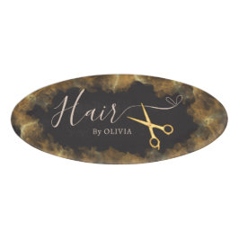 Etiqueta De Nombre Tijeras de oro Corte de pelo rosado Salón de belle